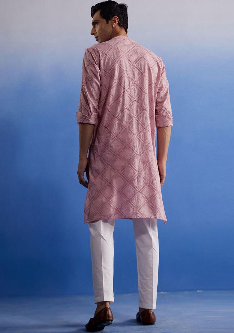 Pink Embroidered Cotton Kurta Set For Men