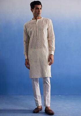 Cream Embroidered Cotton Kurta Set For Men