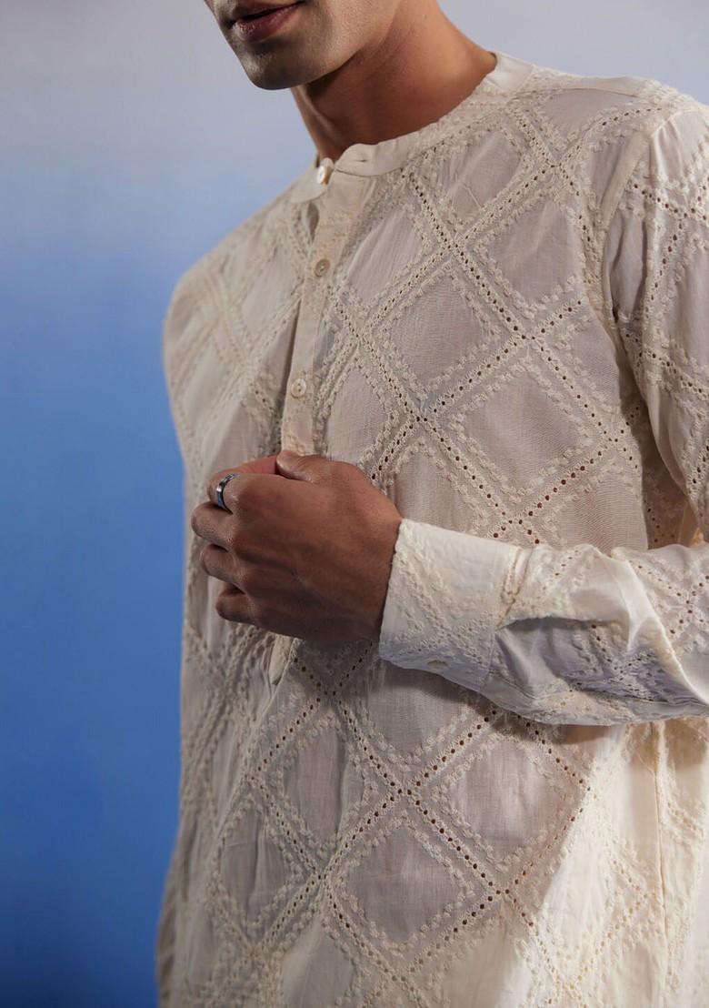 Cream Embroidered Cotton Kurta Set For Men