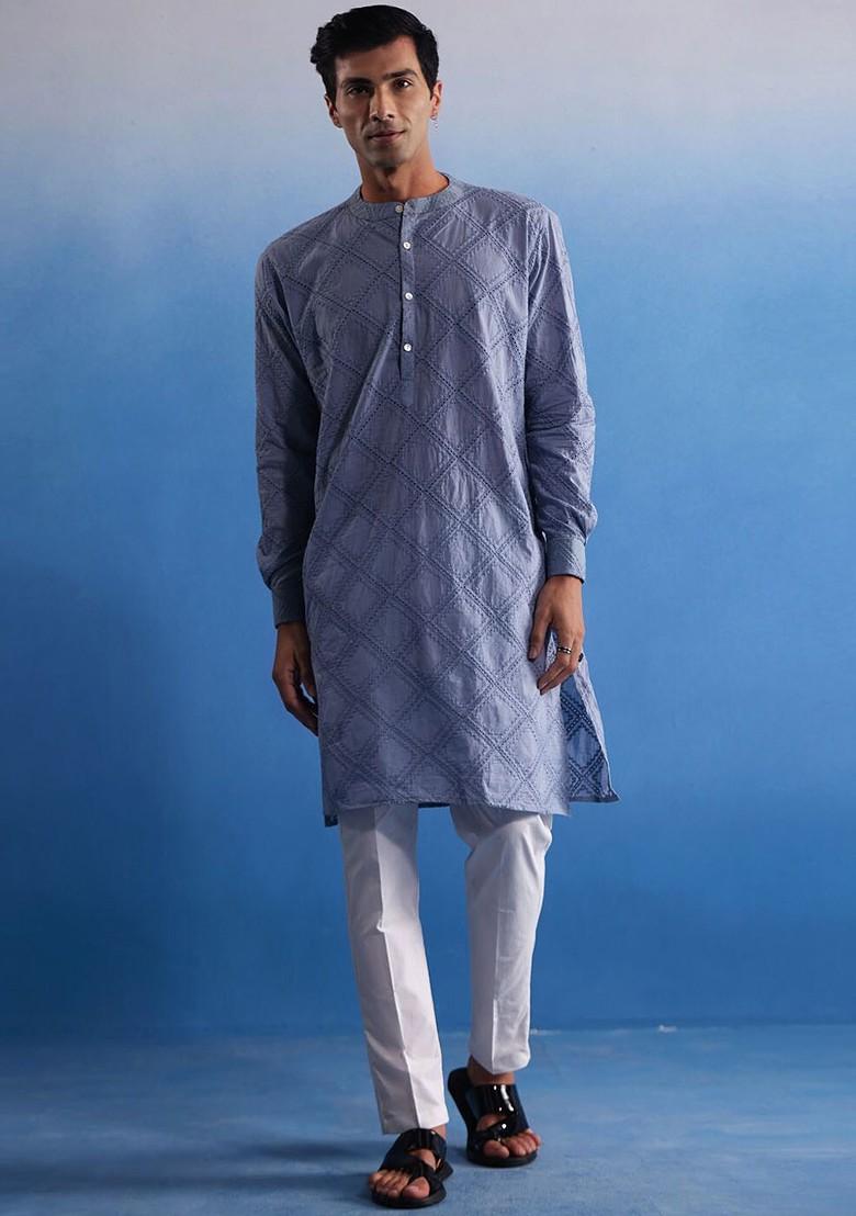 Blue Embroidered Cotton Kurta Set For Men