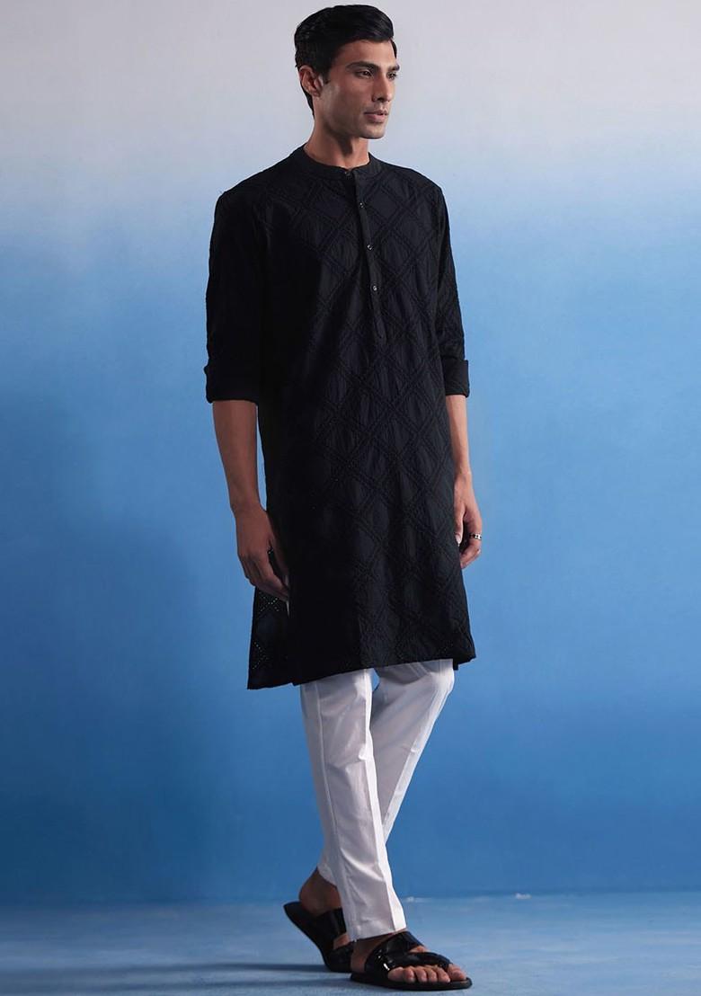 Black Embroidered Cotton Kurta Set For Men