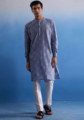 Blue Embroidered Cotton Kurta Set For Men