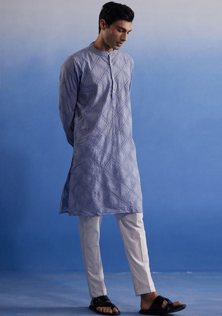 Blue Embroidered Cotton Kurta Set For Men
