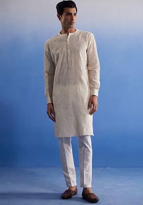Cream Embroidered Cotton Kurta Set For Men