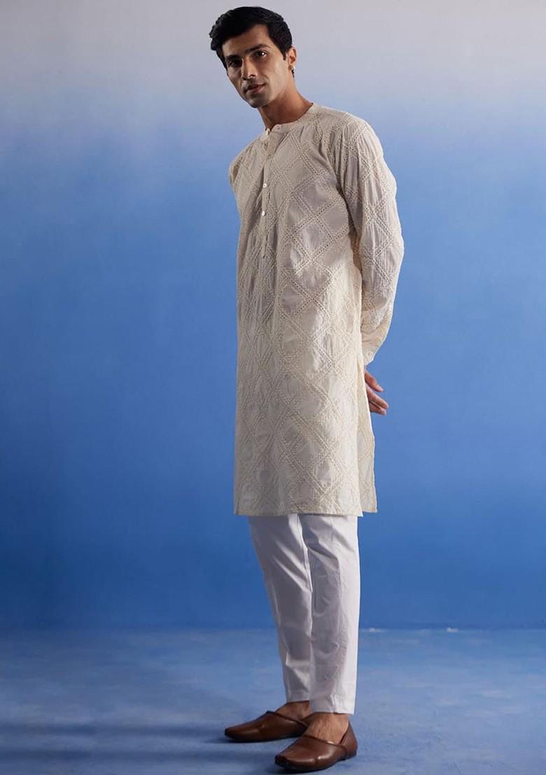Cream Embroidered Cotton Kurta Set For Men