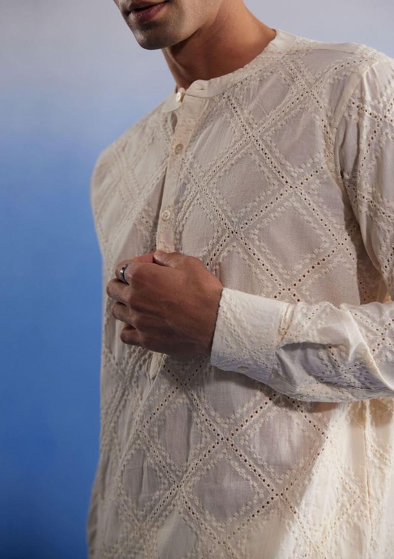 Cream Embroidered Cotton Kurta Set For Men