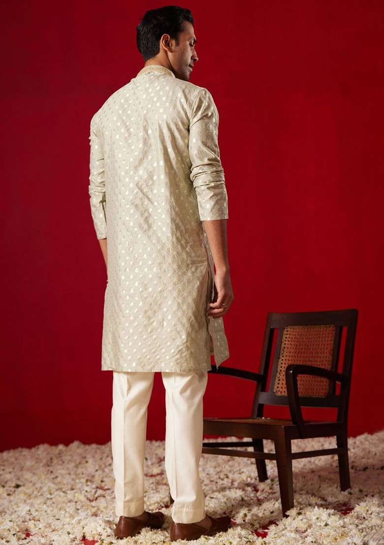 Green Ethnic Motifs Poly Blend Kurta Set For Men - Indya