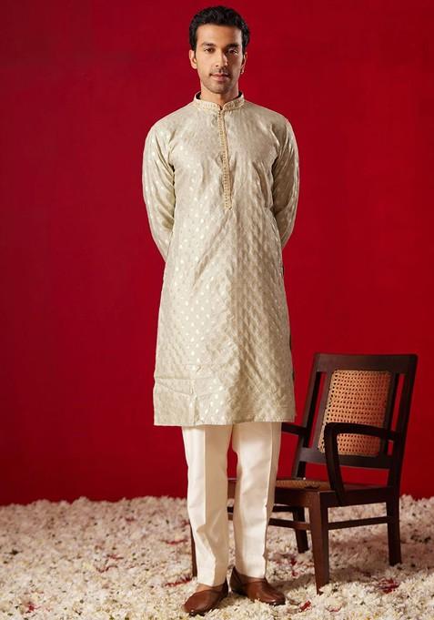 Green Ethnic Motifs Poly Blend Kurta Set For Men — view on Indya