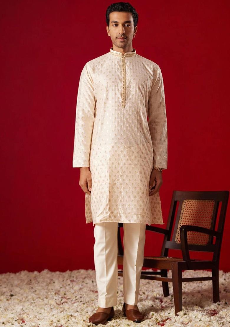 Peach Ethnic Motifs Poly Blend Kurta Set For Men