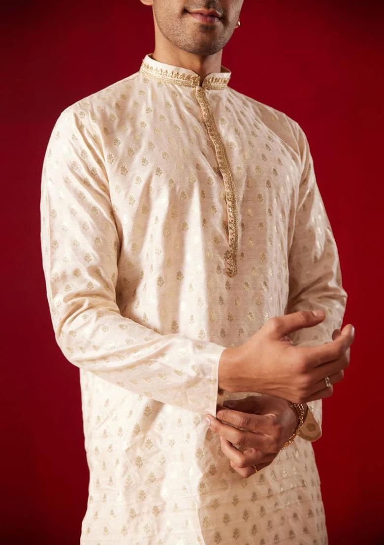 Peach Ethnic Motifs Poly Blend Kurta Set For Men