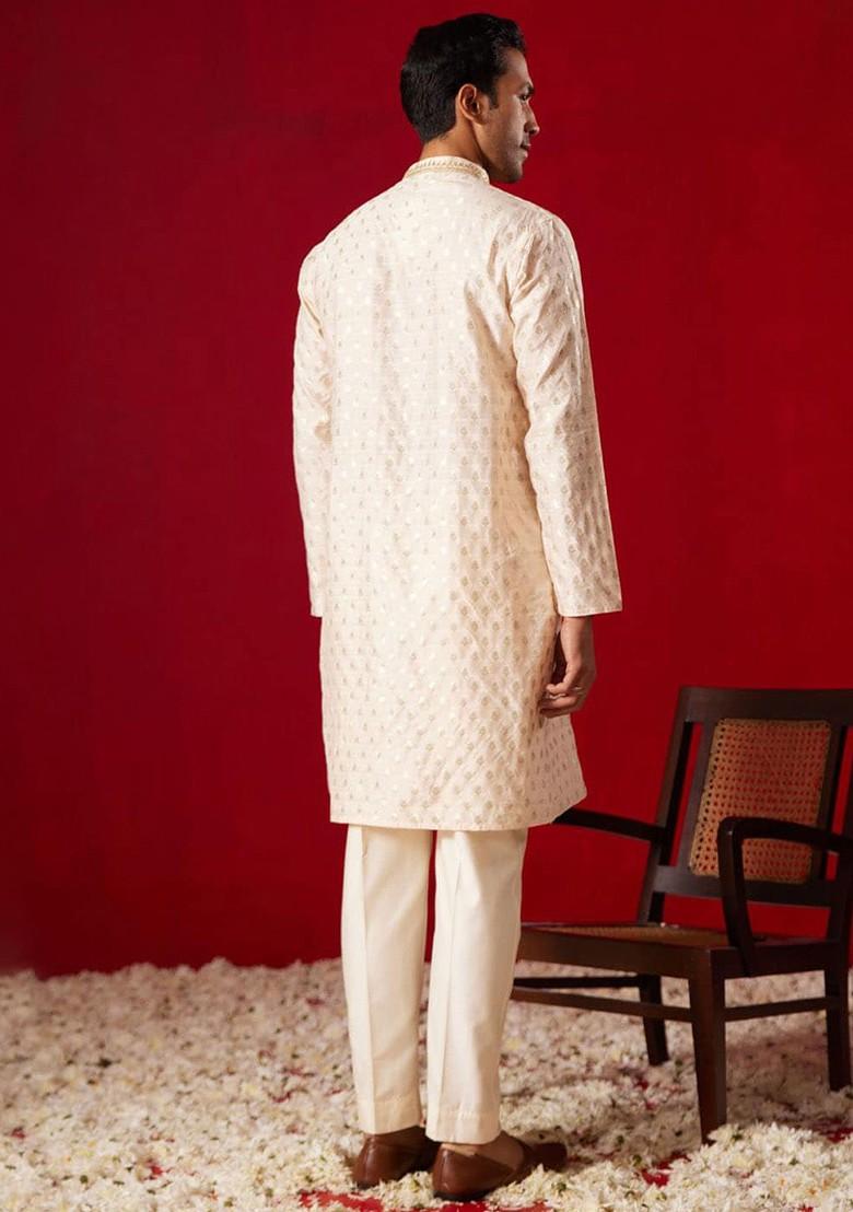 Peach Ethnic Motifs Poly Blend Kurta Set For Men