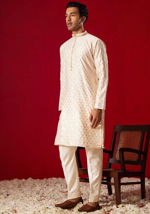 Peach Ethnic Motifs Poly Blend Kurta Set For Men