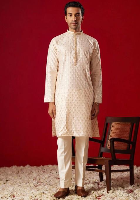 Peach Ethnic Motifs Poly Blend Kurta Set For Men