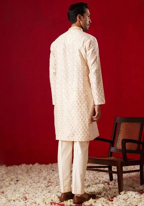 Peach Ethnic Motifs Poly Blend Kurta Set For Men