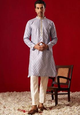 Blue Floral Print Poly Blend Kurta Set For Men