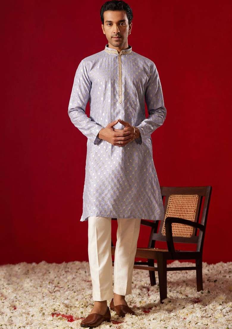Blue Floral Print Poly Blend Kurta Set For Men - Indya