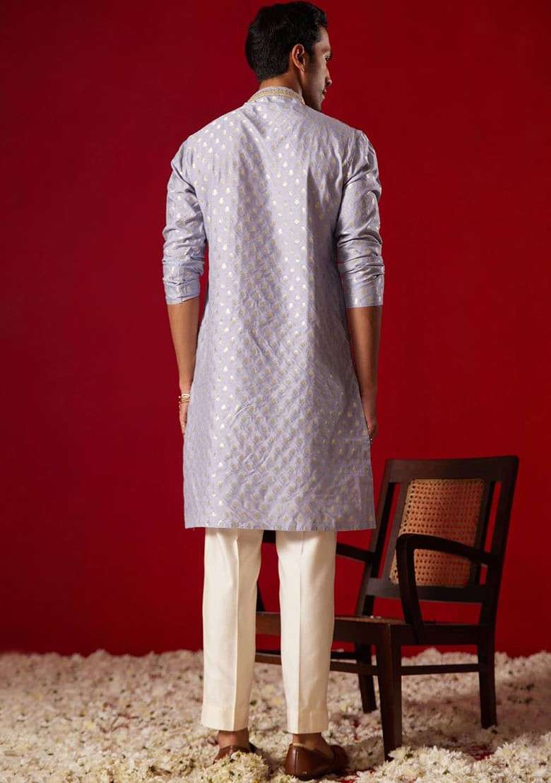 Blue Floral Print Poly Blend Kurta Set For Men - Indya