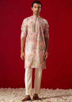 Pink Floral Print Poly Blend Kurta Set For Men