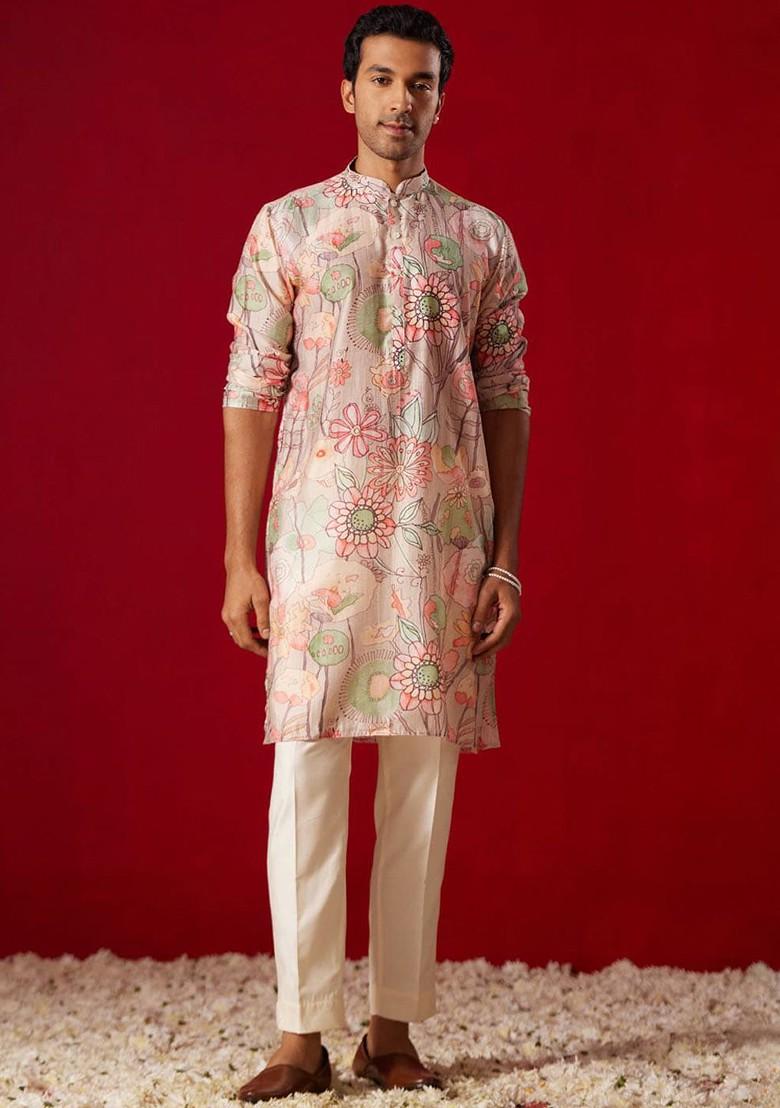 Pink Floral Print Poly Blend Kurta Set For Men