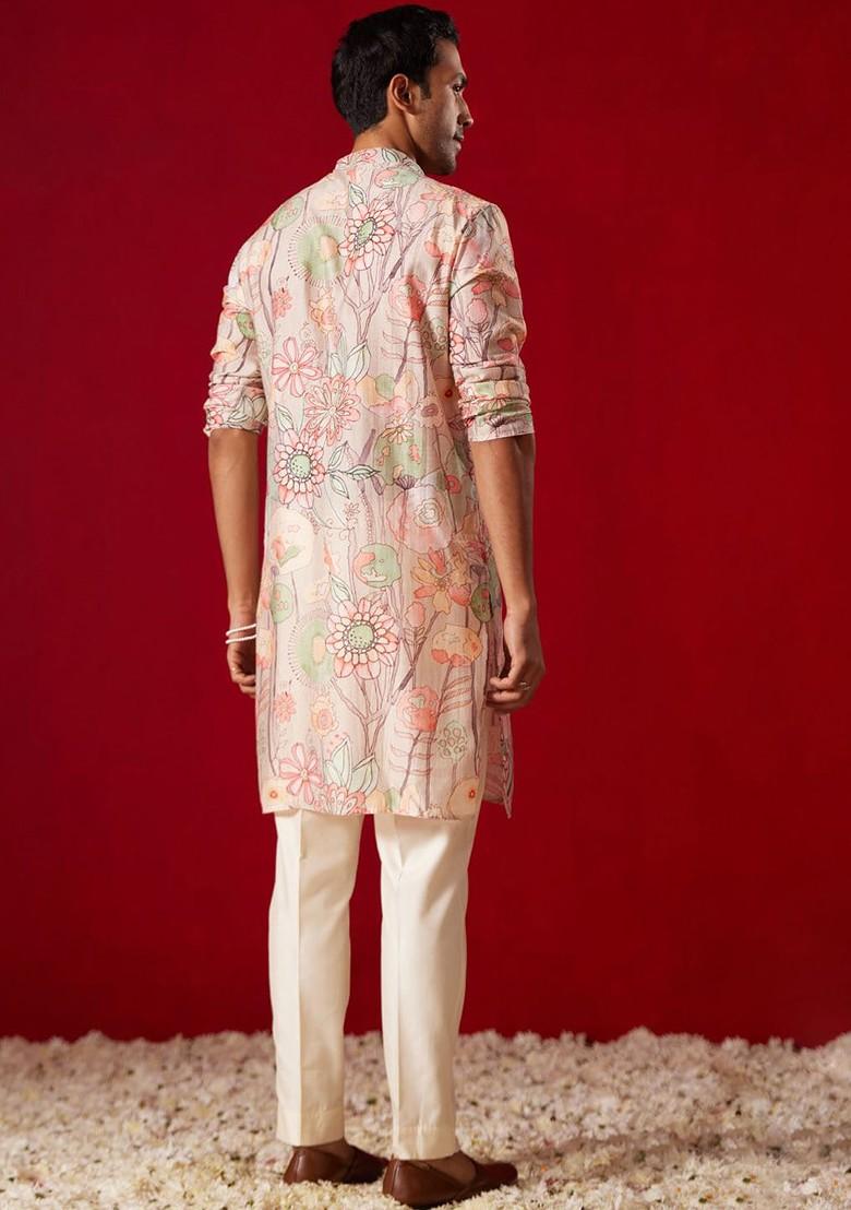 Pink Floral Print Poly Blend Kurta Set For Men