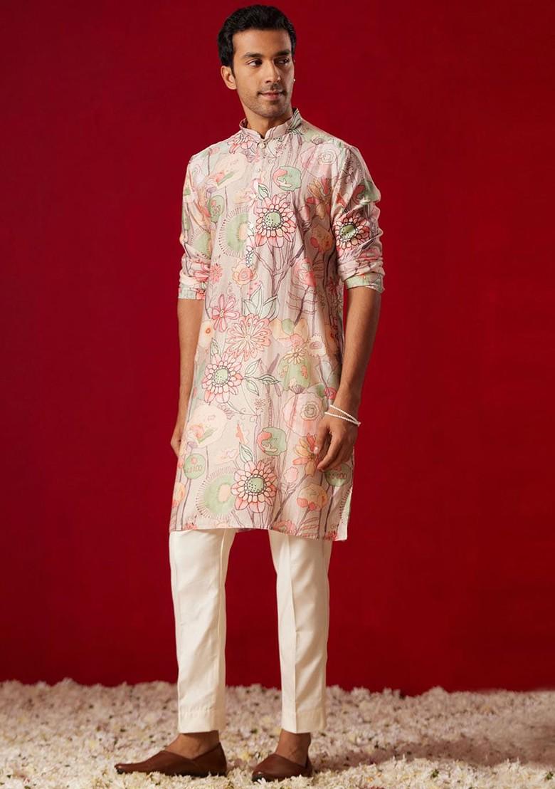 Pink Floral Print Poly Blend Kurta Set For Men