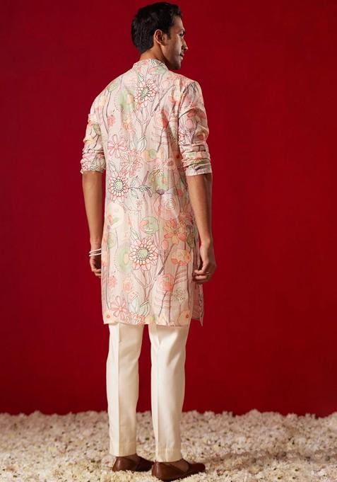 Pink Floral Print Poly Blend Kurta Set For Men