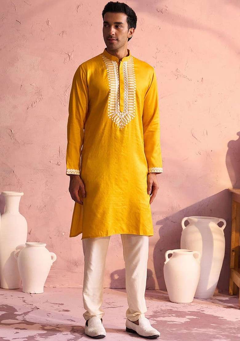 Yellow Ethnic Motifs Poly Blend Kurta Set For Men - Indya