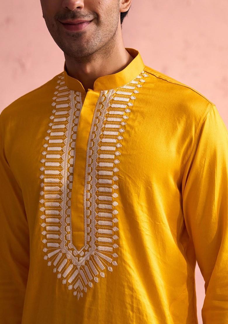 Yellow Ethnic Motifs Poly Blend Kurta Set For Men
