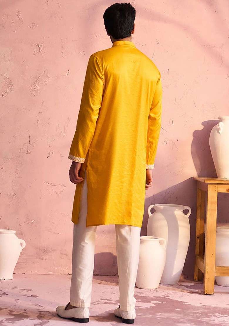 Yellow Ethnic Motifs Poly Blend Kurta Set For Men - Indya