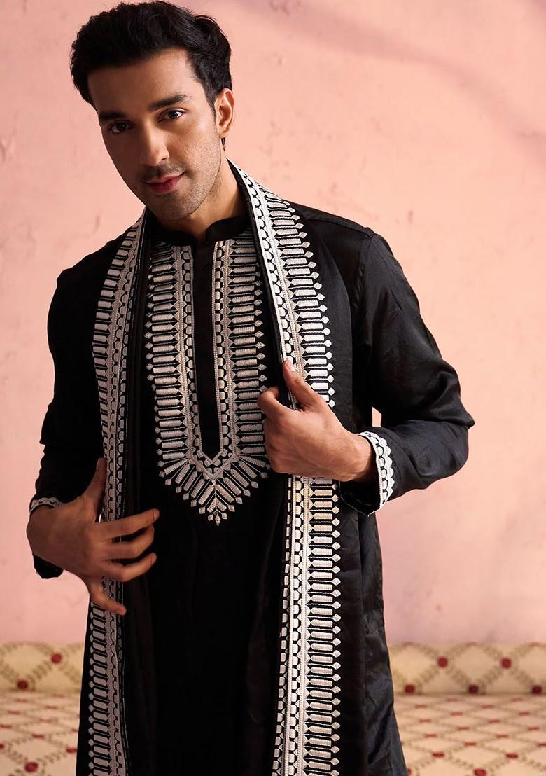 Black Ethnic Motifs Poly Blend Kurta Set For Men