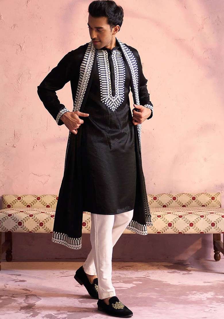 Black Ethnic Motifs Poly Blend Kurta Set For Men - Indya