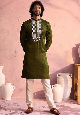 Olive Ethnic Motifs Poly Blend Kurta Set For Men