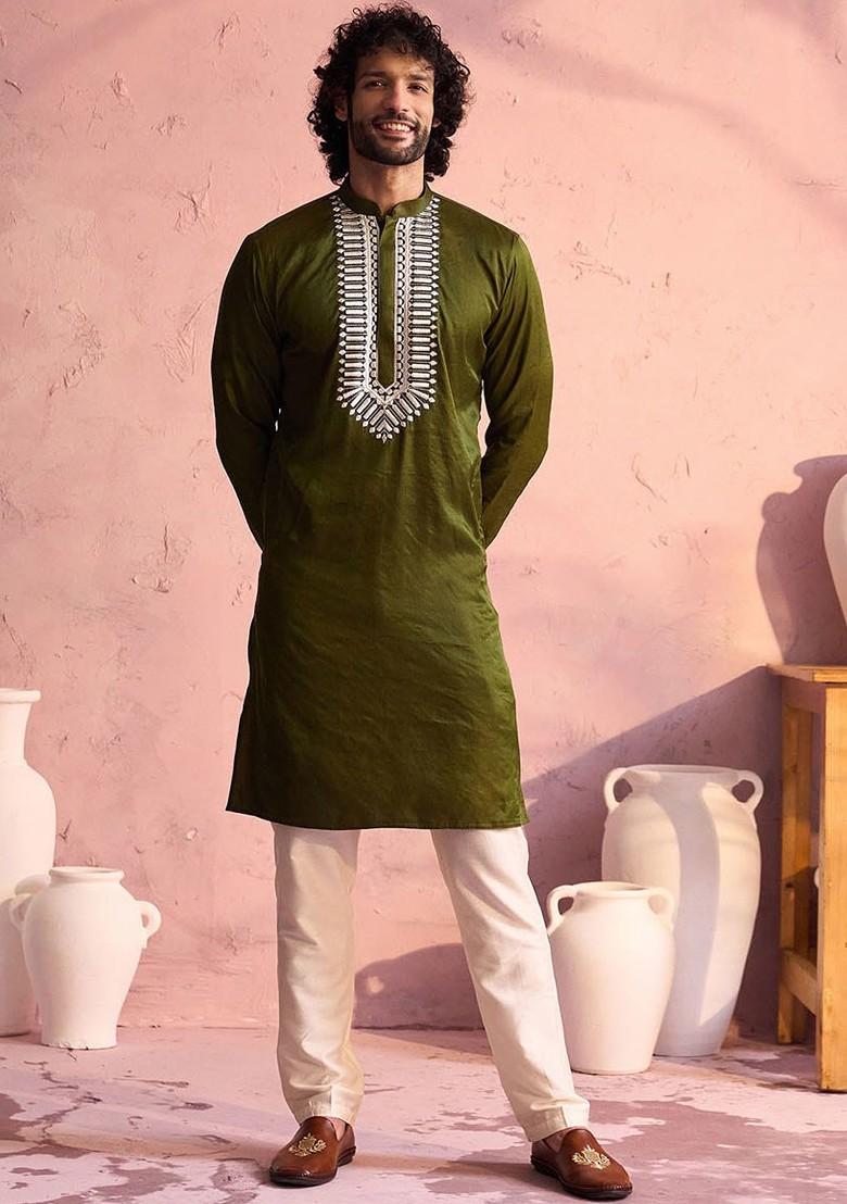 Olive Ethnic Motifs Poly Blend Kurta Set For Men