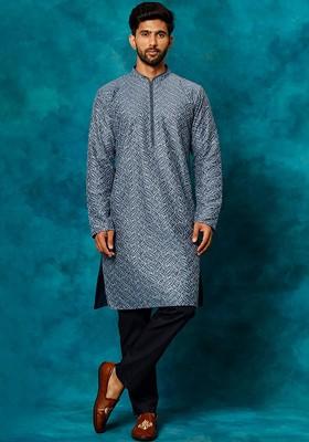 Grey Floral Print Poly Blend Kurta Set For Men
