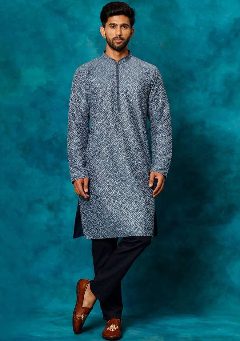 Grey Floral Print Poly Blend Kurta Set For Men - Indya