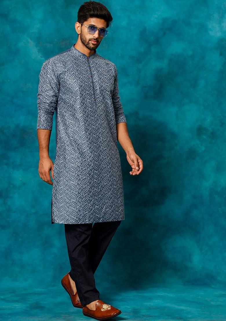 Grey Floral Print Poly Blend Kurta Set For Men