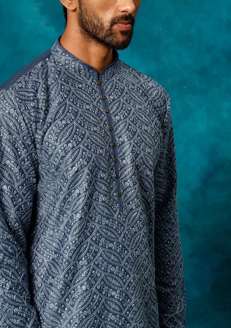 Grey Floral Print Poly Blend Kurta Set For Men