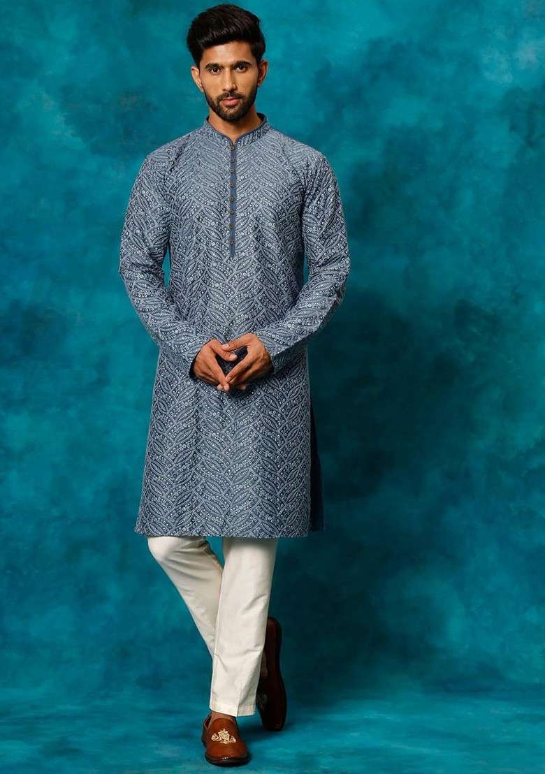Grey Floral Print Poly Blend Kurta Set For Men - Indya