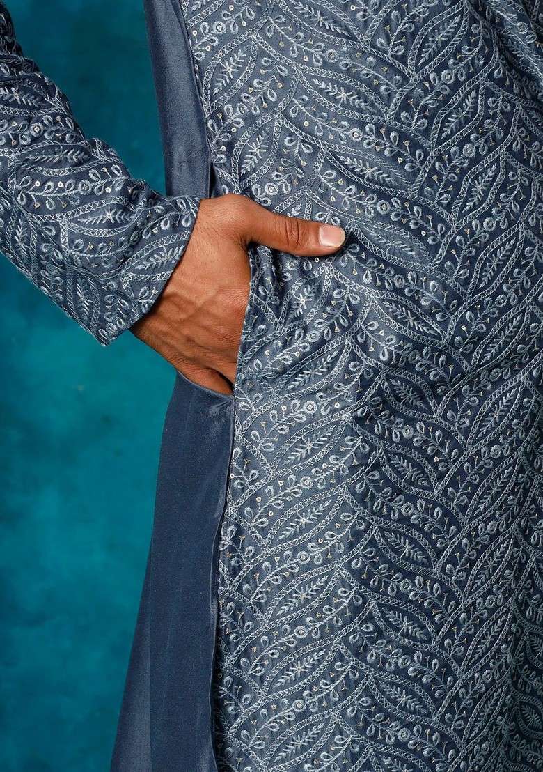 Grey Floral Print Poly Blend Kurta Set For Men - Indya