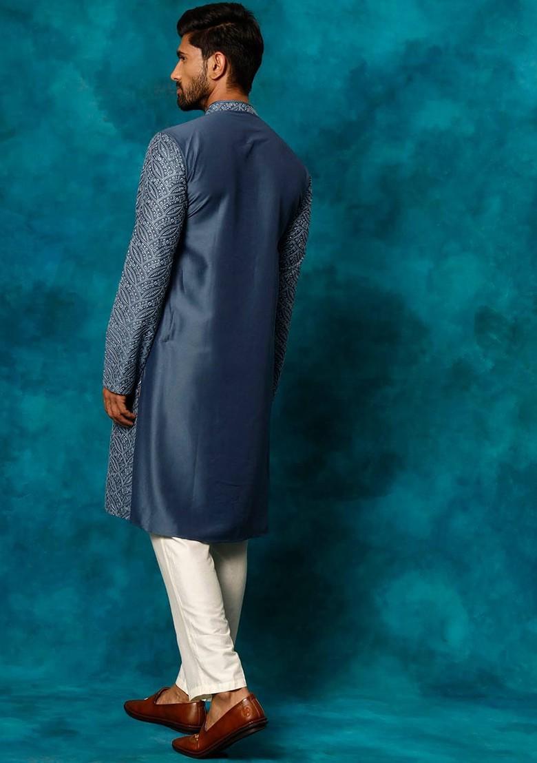 Grey Floral Print Poly Blend Kurta Set For Men