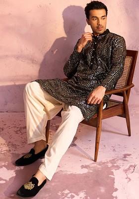 Black Ethnic Motifs Poly Blend Kurta Set For Men