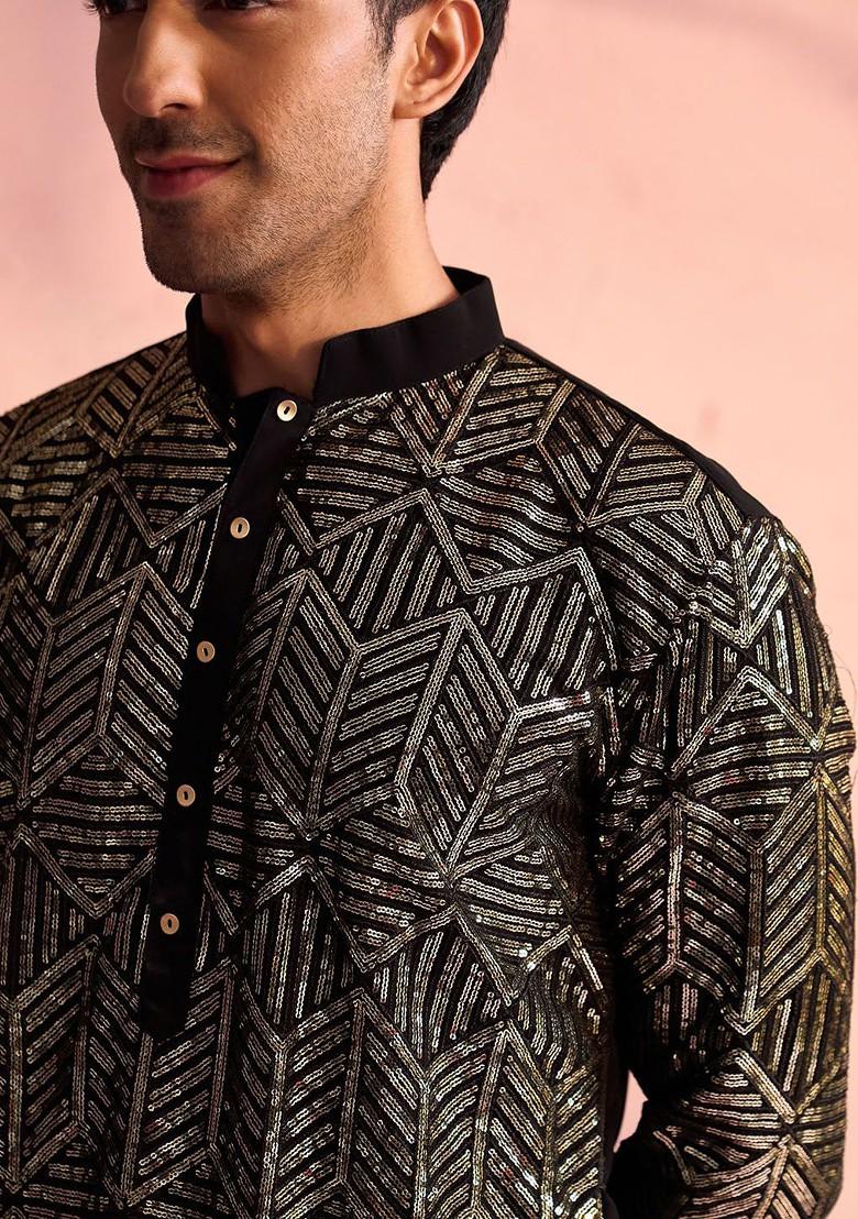 Black Ethnic Motifs Poly Blend Kurta Set For Men