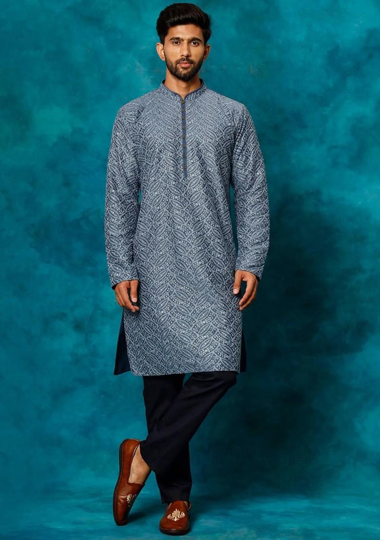 Grey Floral Print Poly Blend Kurta Set For Men