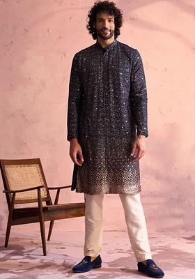 Navy Blue Embellished Georgette Kurta Set For Men
