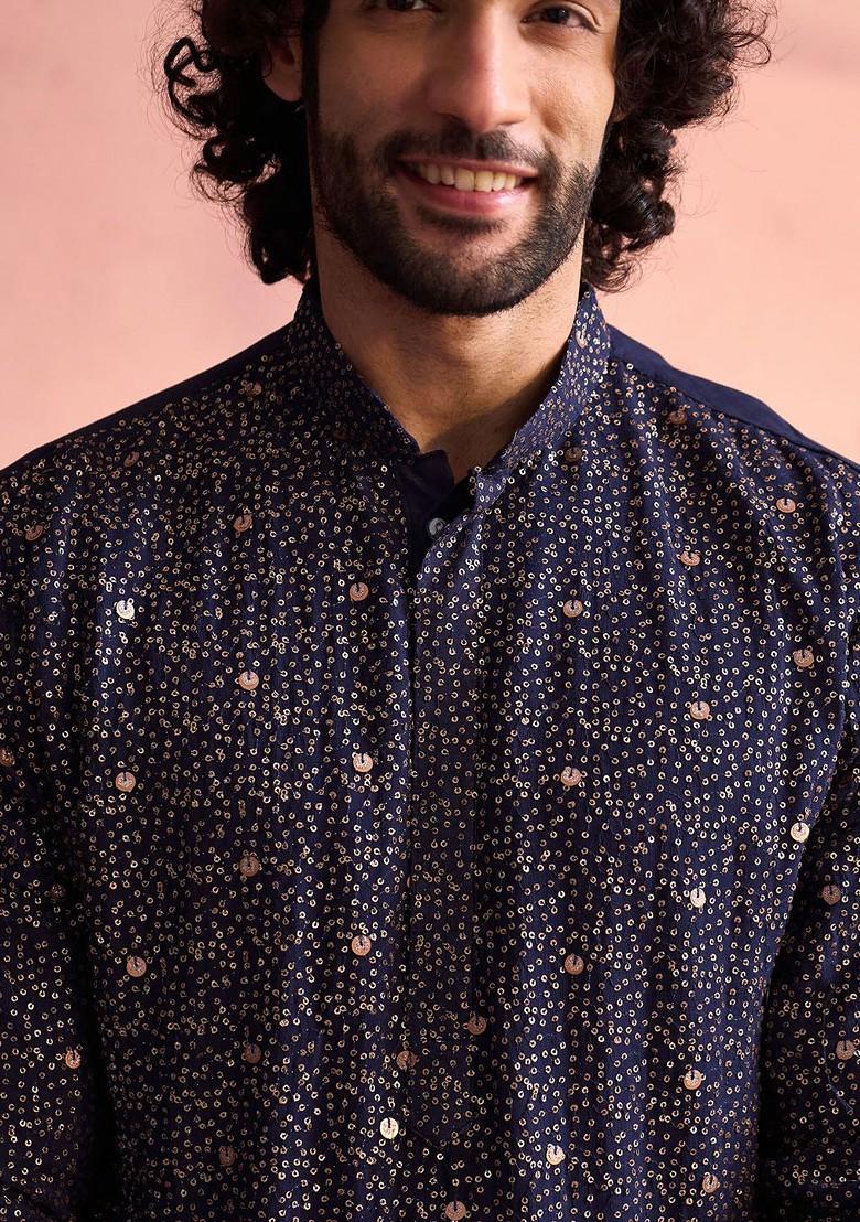 Navy Blue Embellished Georgette Kurta Set For Men