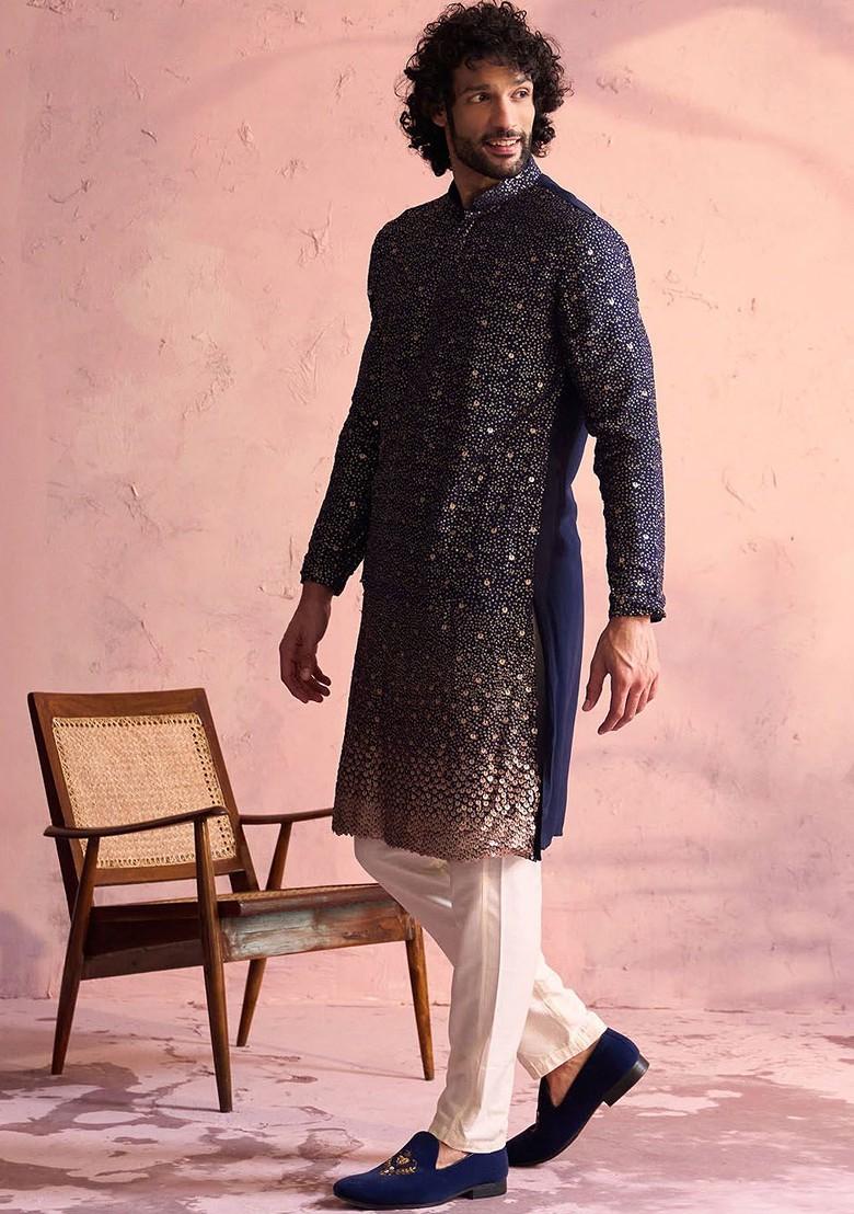 Navy Blue Embellished Georgette Kurta Set For Men