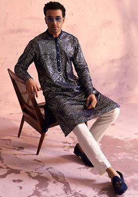 Navy Blue Ethnic Motifs Poly Blend Kurta Set For Men