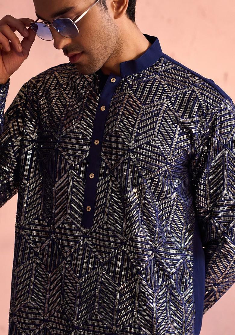 Navy Blue Ethnic Motifs Poly Blend Kurta Set For Men