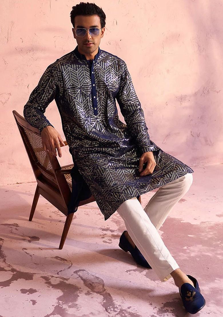 Navy Blue Ethnic Motifs Poly Blend Kurta Set For Men