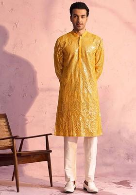 Yellow Embellished Poly Blend Kurta Set For Men
